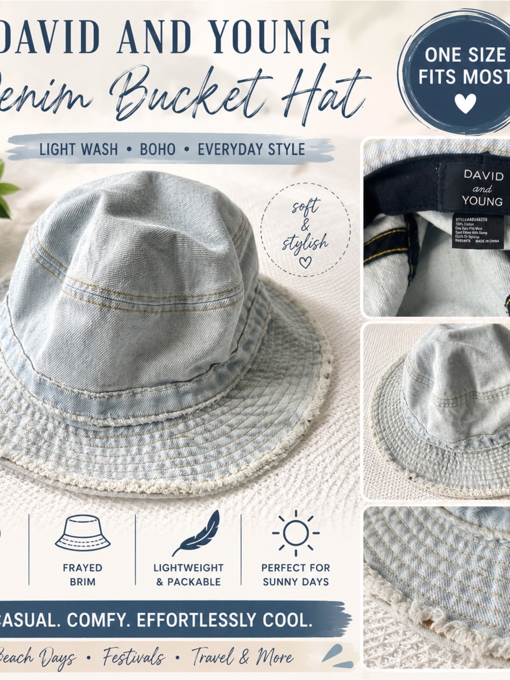 David and Young Light Wash Denim Bucket Hat with Frayed Brim